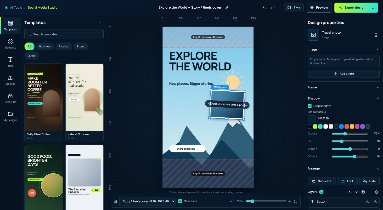 Editing a 9:16 Story template in Social Media Studio