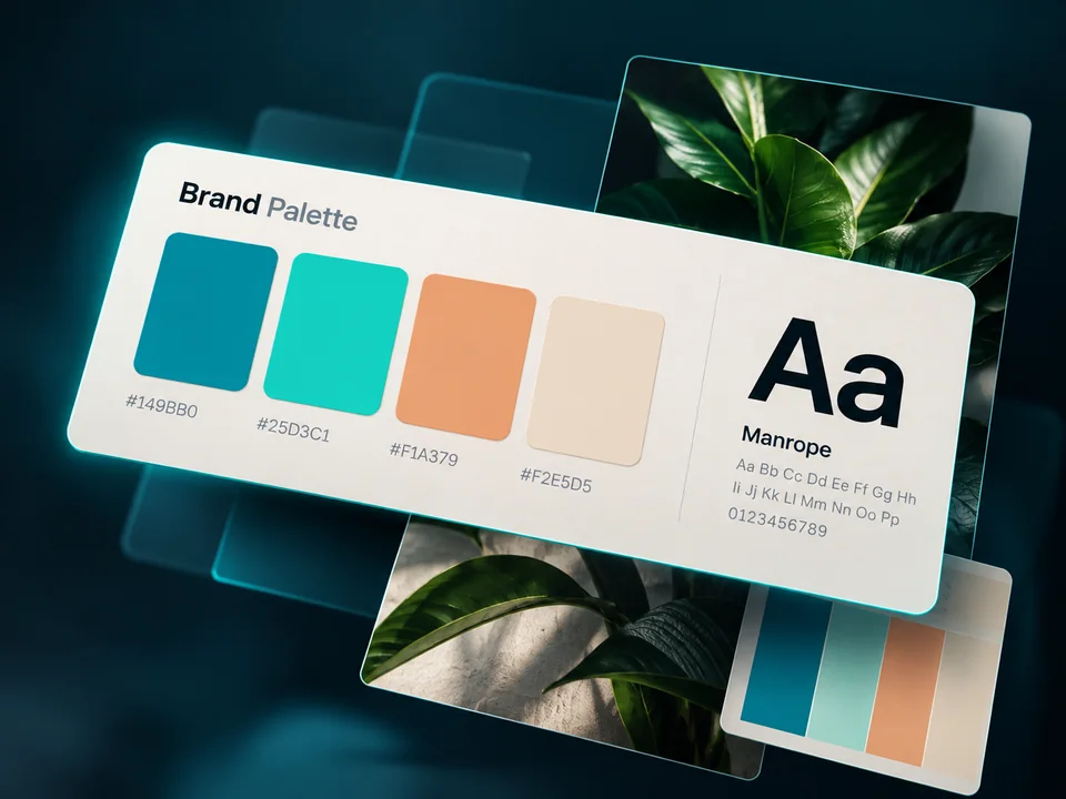 Brand palette with four colour swatches and a typography sample