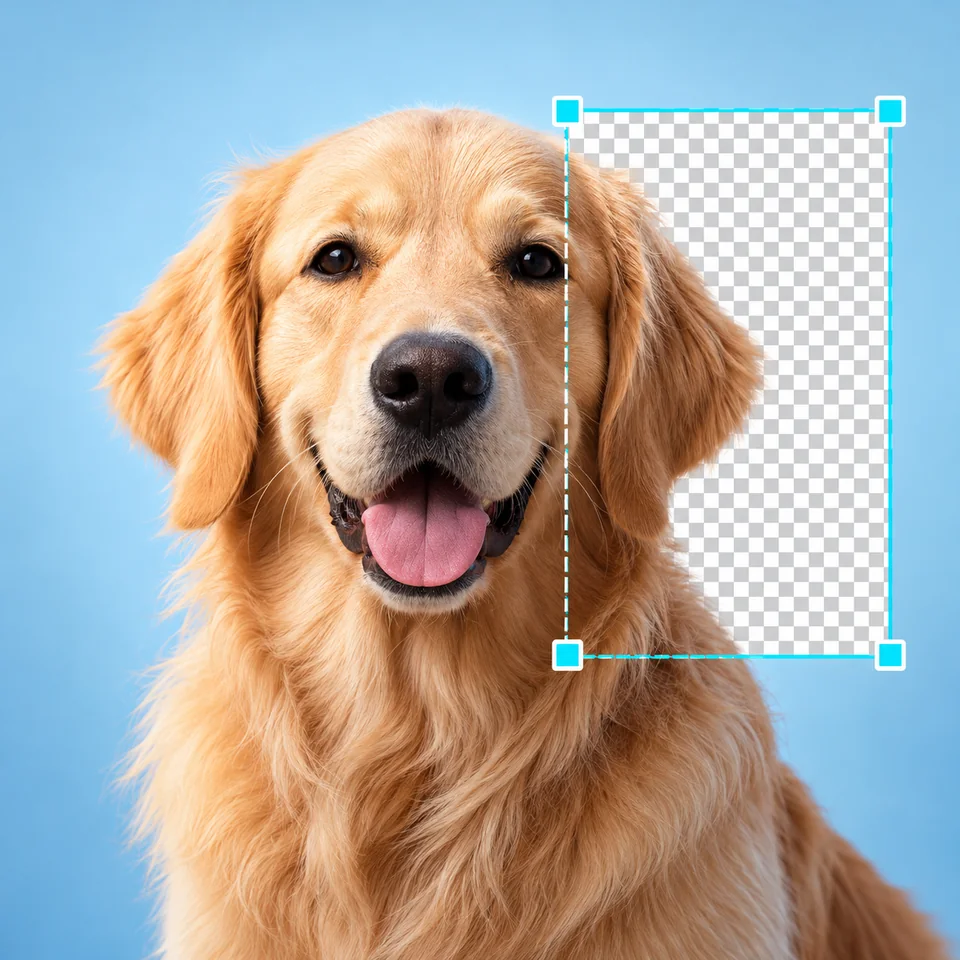 Golden retriever photo with a selection frame and a transparent area ready for AI fill