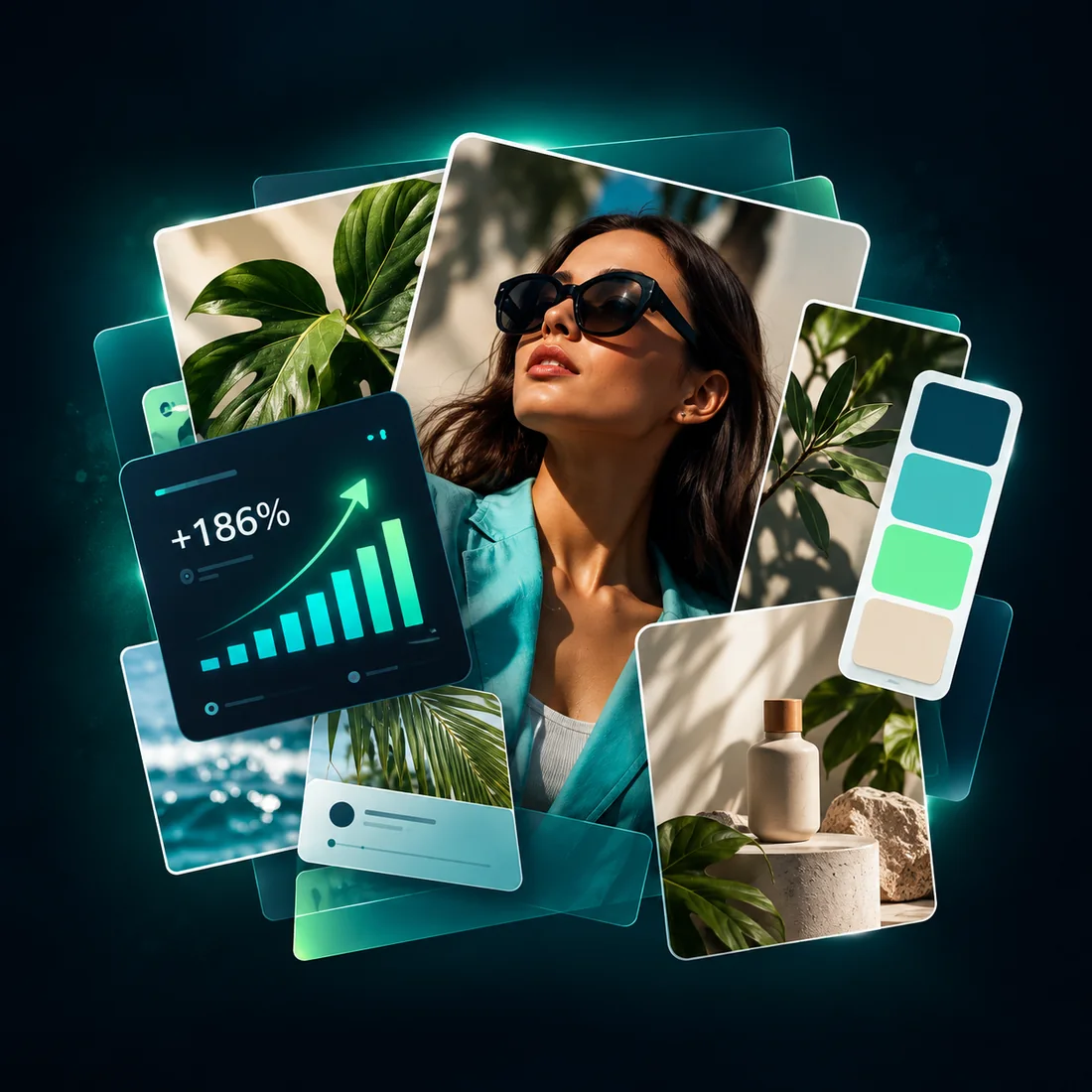 Social media creative collage: a woman in a teal outfit, photo cards, tropical leaves and a profile growth chart showing +186%
