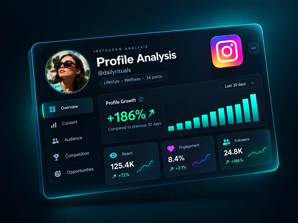 Instagram profile analysis with growth chart, reach, engagement and followers